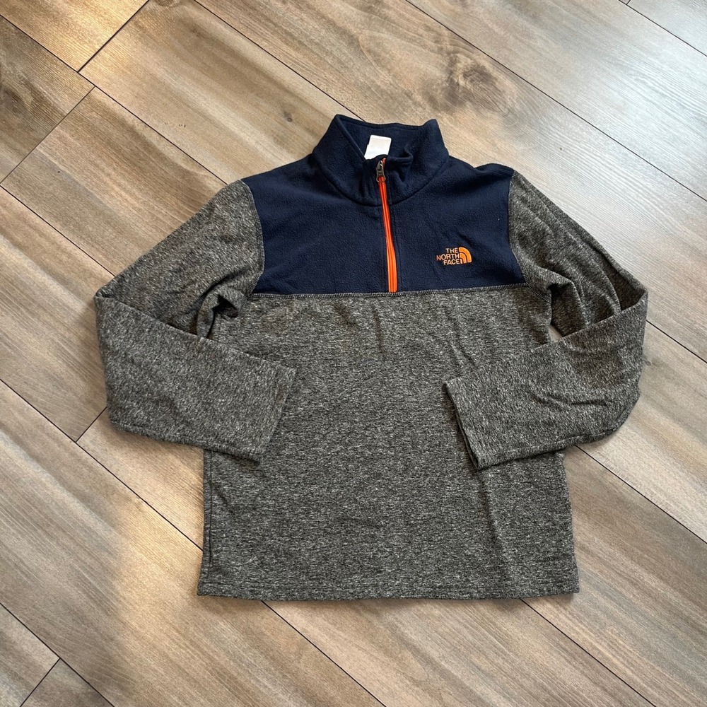 The North Face Boys Large 14/16 Quarter Zip Fleece Pullover Gray Navy Orange